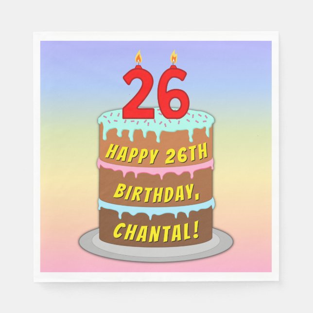 26th Birthday: Fun Cake and Candles + Custom Name Napkins (Front)