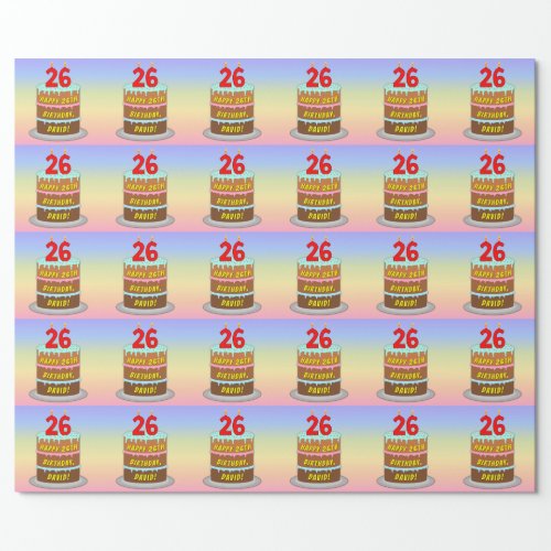 26th Birthday Fun Cake and Candles  Custom Name Wrapping Paper
