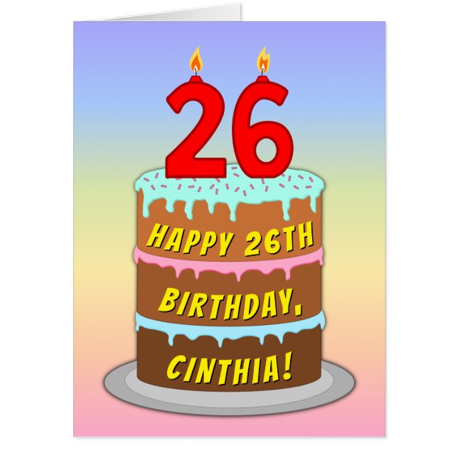 26th Birthday: Fun Cake & Candles, w/ Custom Name Card (Front)