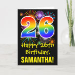 [ Thumbnail: 26th Birthday: Fun Fireworks Pattern + Rainbow 26 Card ]
