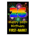 [ Thumbnail: 26th Birthday: Fun Fireworks Pattern & Rainbow 26 Card ]