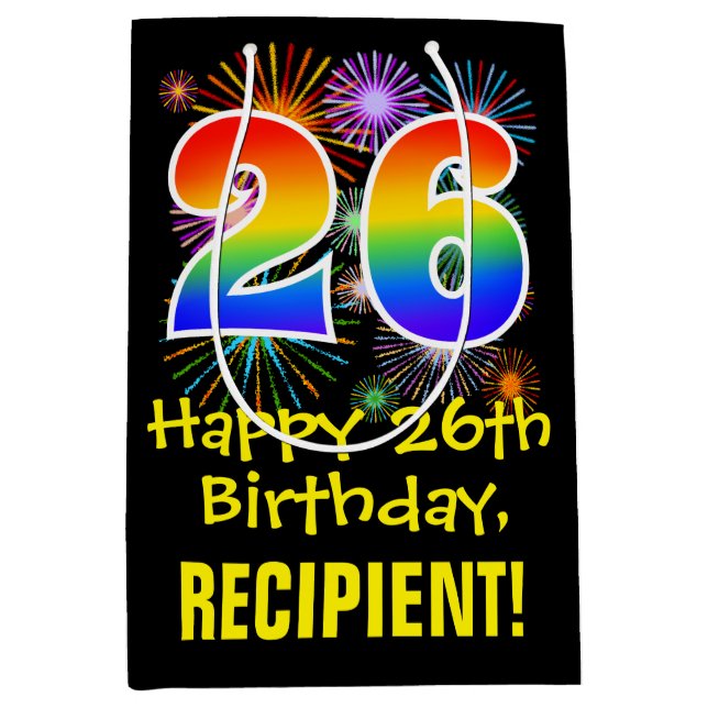 26th Birthday: Fun Fireworks Pattern + Rainbow 26 Medium Gift Bag (Front)