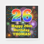 [ Thumbnail: 26th Birthday: Fun Fireworks Pattern + Rainbow 26 Napkins ]