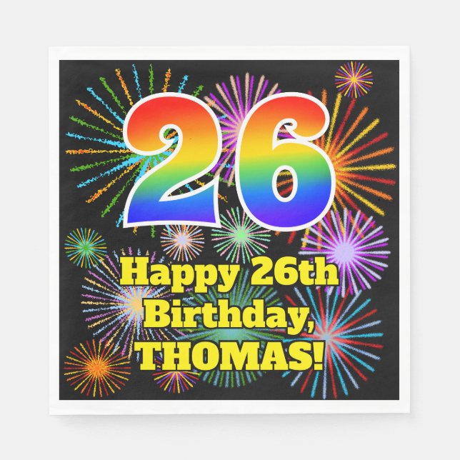 26th Birthday: Fun Fireworks Pattern + Rainbow 26 Napkins (Front)