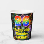 [ Thumbnail: 26th Birthday: Fun Fireworks Pattern + Rainbow 26 Paper Cups ]