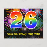 [ Thumbnail: 26th Birthday – Fun Fireworks Pattern + Rainbow 26 Postcard ]
