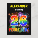 [ Thumbnail: 26th Birthday - Fun Fireworks, Rainbow Look "26" Postcard ]