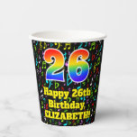 [ Thumbnail: 26th Birthday: Fun Music Notes Pattern, Rainbow 26 Paper Cups ]