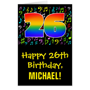 26th Birthday: Fun Music Symbols + Rainbow # 26 Card