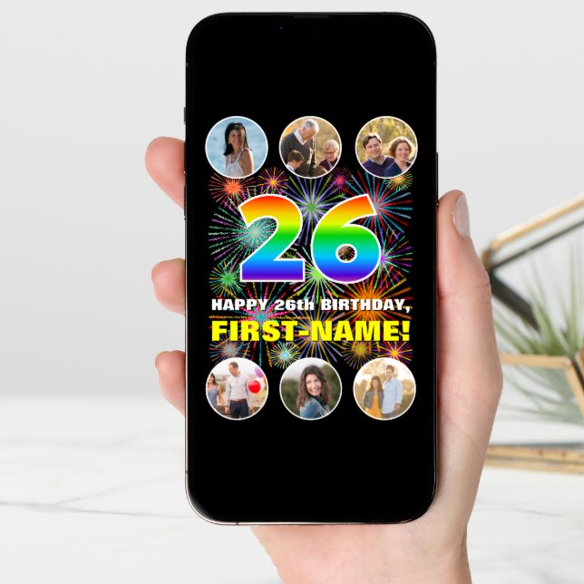 26th Birthday: Fun Rainbow #, Custom Name & Photos Card (Front Digital)