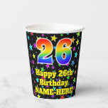 [ Thumbnail: 26th Birthday: Fun Stars Pattern and Rainbow 26 Paper Cups ]