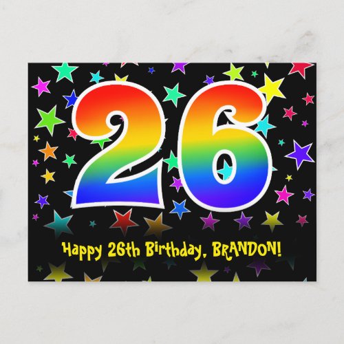 26th Birthday Fun Stars Pattern Rainbow 26 Name Postcard