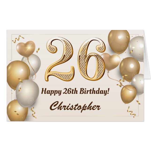 26th Birthday Gold Balloons Confetti Extra Large Card (Front Horizontal)