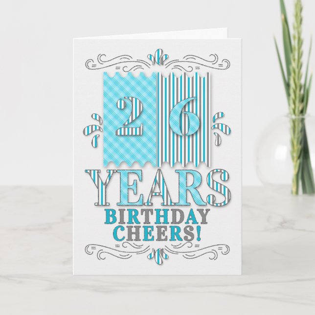 26th Birthday in Blue and Silver Stripes and Plaid Card (Front)