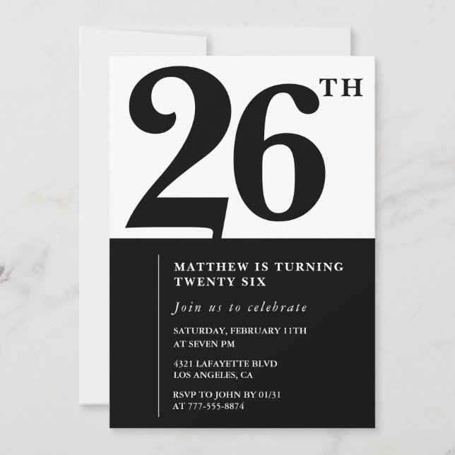 26th birthday invitations Black and White Elegant (Front)
