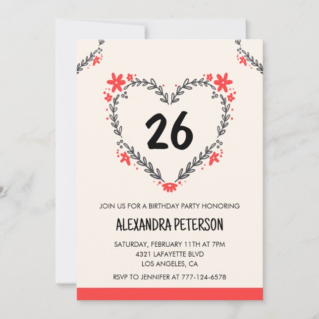 26th birthday invitations for her floral heart (Front)