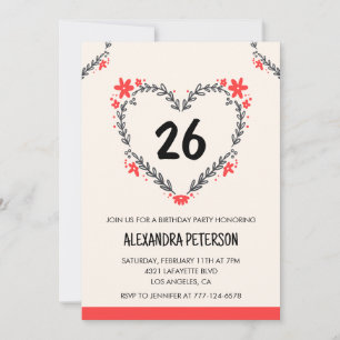 26th birthday invitations for her floral heart