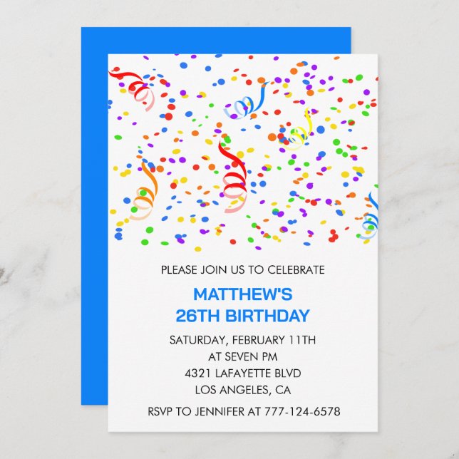 26th birthday invitations Rainbow Confetti Boy (Front/Back)