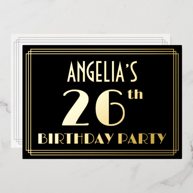 26th Birthday Party: Art Deco Look “26”, w/ Name Foil Invitation (Front/Back)