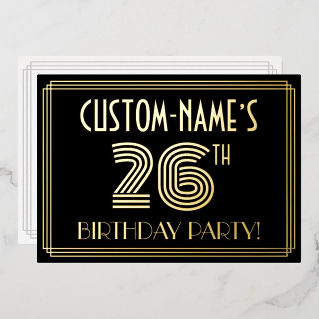 26th Birthday Party — Art Deco Style “26” + Name Foil Invitation (Front/Back)