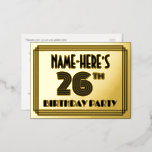 [ Thumbnail: 26th Birthday Party ~ Art Deco Style “26” + Name Postcard ]