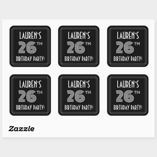 26th Birthday Party Art Deco Style  Custom Name Square Sticker