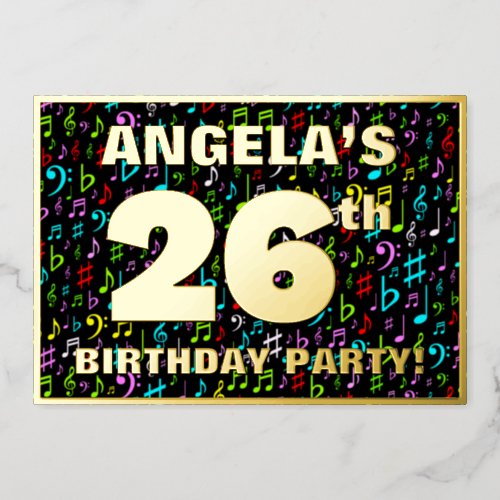 26th Birthday Party  Fun Colorful Music Symbols Foil Invitation