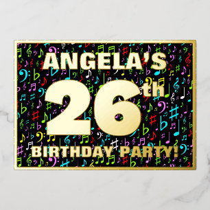 26th Birthday Party — Fun, Colorful Music Symbols Foil Invitation