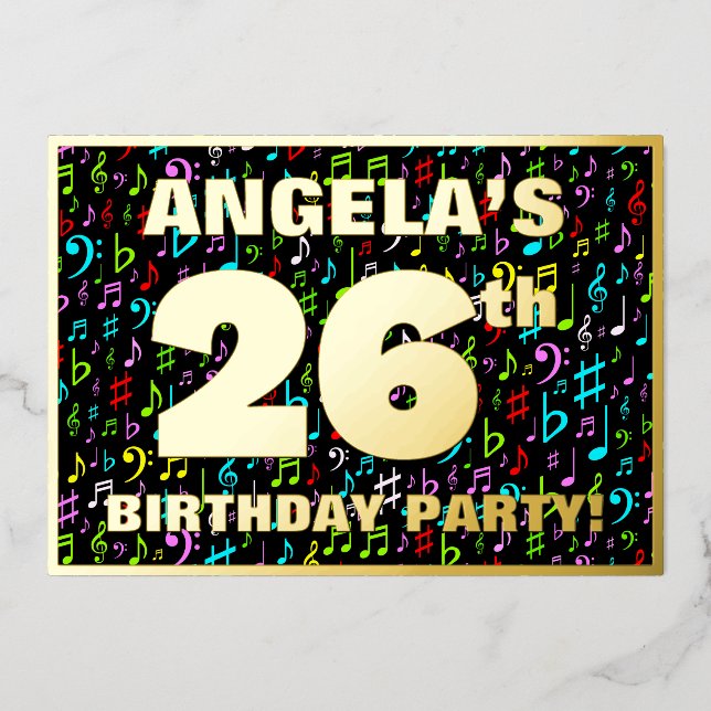 26th Birthday Party — Fun, Colorful Music Symbols Foil Invitation (Front)