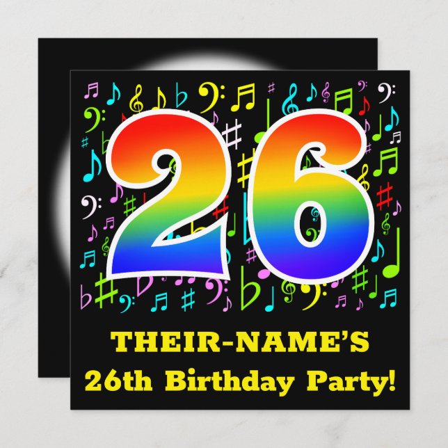 26th Birthday Party: Fun Music Symbols, Rainbow 26 Invitation (Front/Back)
