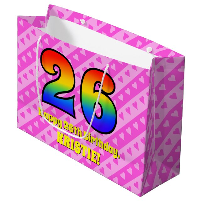 26th Birthday: Pink Stripes & Hearts, Rainbow # 26 Large Gift Bag (Front Angled)