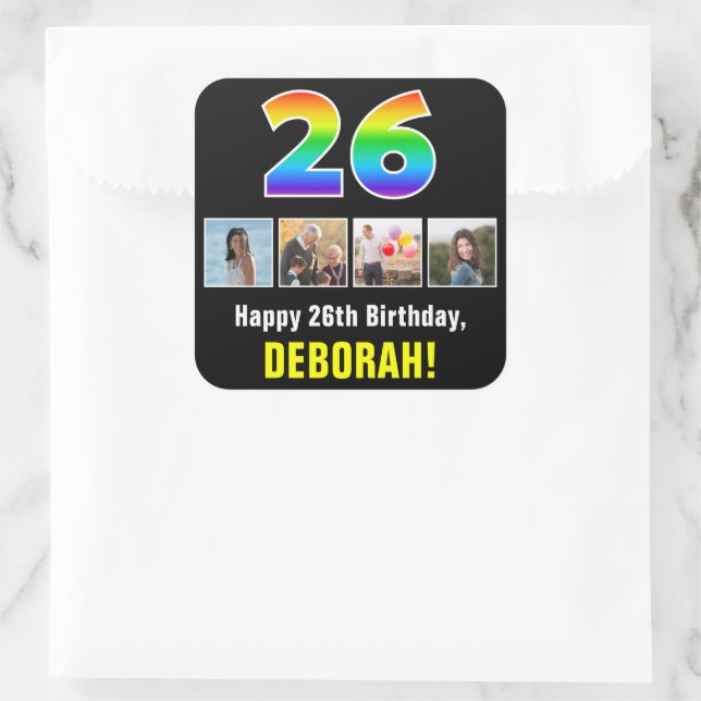 26th Birthday: Rainbow “26”; Custom Photos & Name Square Sticker (Bag)