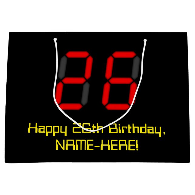26th Birthday: Red Digital Clock Style "26" + Name Large Gift Bag (Front)