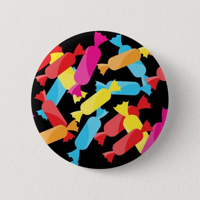 270 COLORFUL CANDY WRAPPERS BLACK BACKGROUND PATTE PINBACK BUTTON (Front)