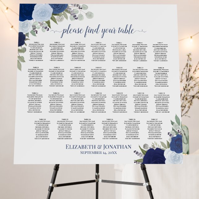 27 Table Blue Boho Floral Wedding Seating Chart Foam Board (In Situ (Stand))