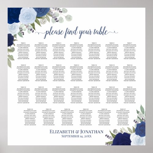 27 Table Blue Roses Elegant Wedding Seating Chart
