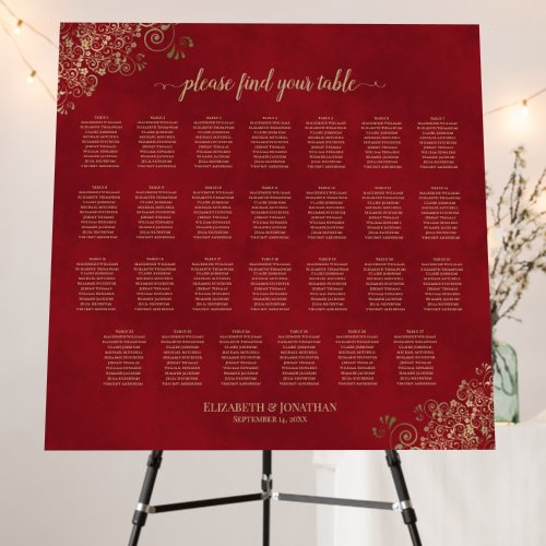 27 Table Crimson Red  Gold Wedding Seating Chart Foam Board