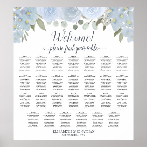 27 Table Dusty Blue Roses Wedding Seating Chart