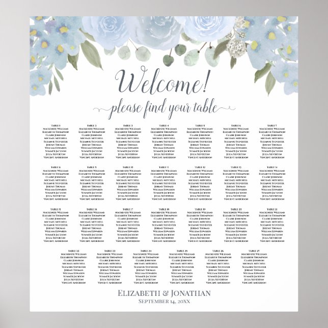 27 Table Dusty Blue Roses Wedding Seating Chart (Front)