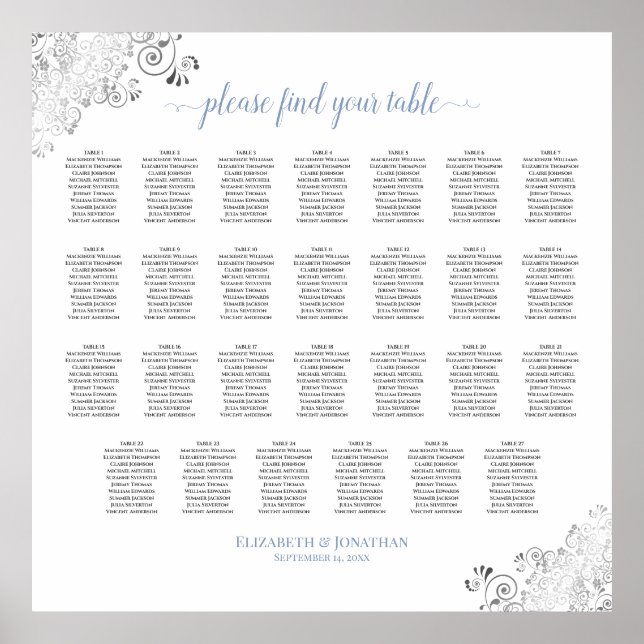 27 Table Dusty Blue & White Wedding Seating Chart (Front)