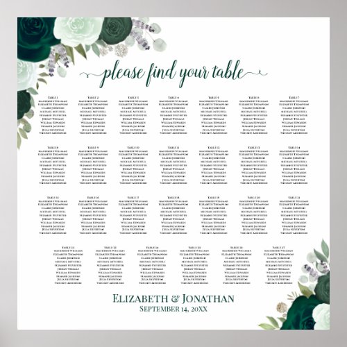 27 Table Emerald Roses Chic Wedding Seating Chart