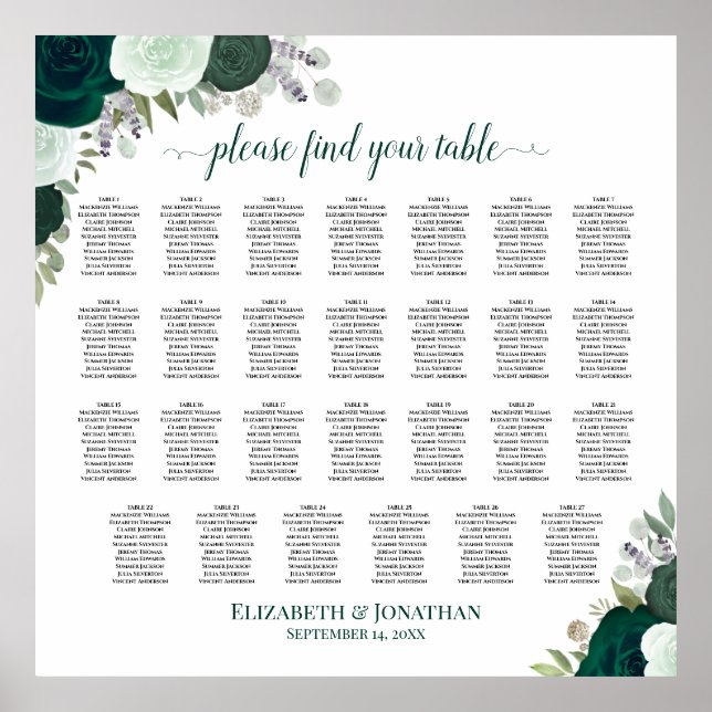 27 Table Emerald Roses Chic Wedding Seating Chart (Front)