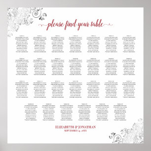 27 Table Frilly Wedding Seating Chart White & Red