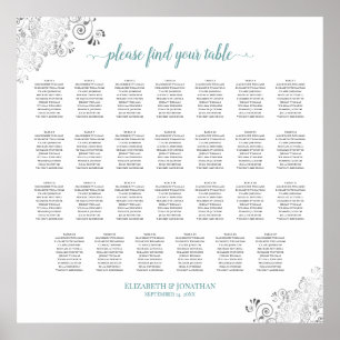 27 Table Frilly Wedding Seating Chart White & Teal