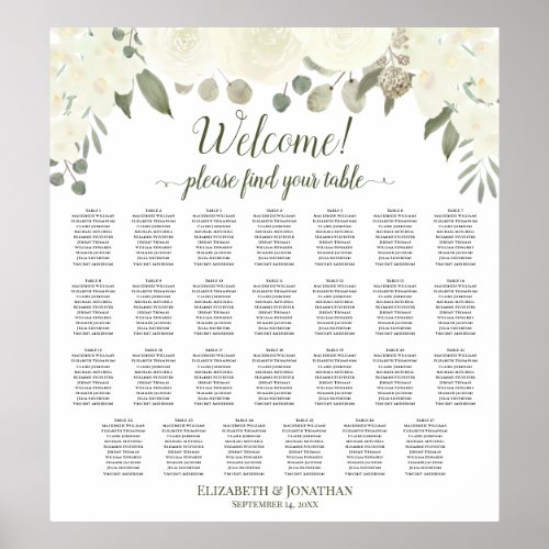 27 Table Ivory White Roses Wedding Seating Chart