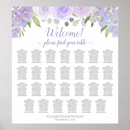 27 Table Lavender Floral Wedding Seating Chart