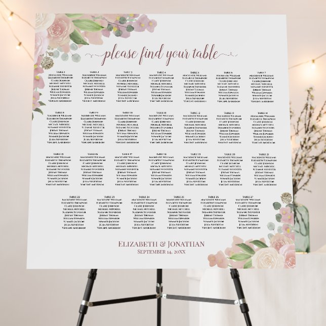 27 Table Pink Boho Floral Wedding Seating Chart Foam Board (In Situ (Stand))