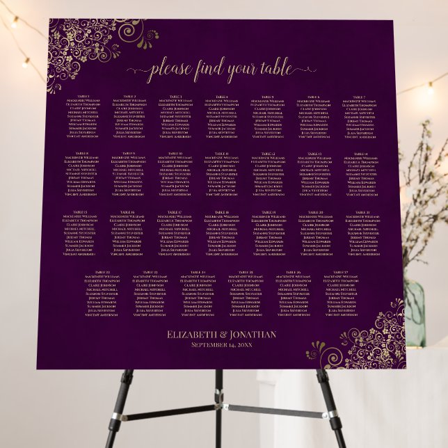 27 Table Plum Purple & Gold Wedding Seating Chart Foam Board (In Situ (Stand))