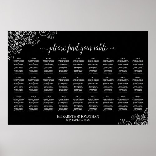 27 Table Posh Silver & Black Wedding Seating Chart