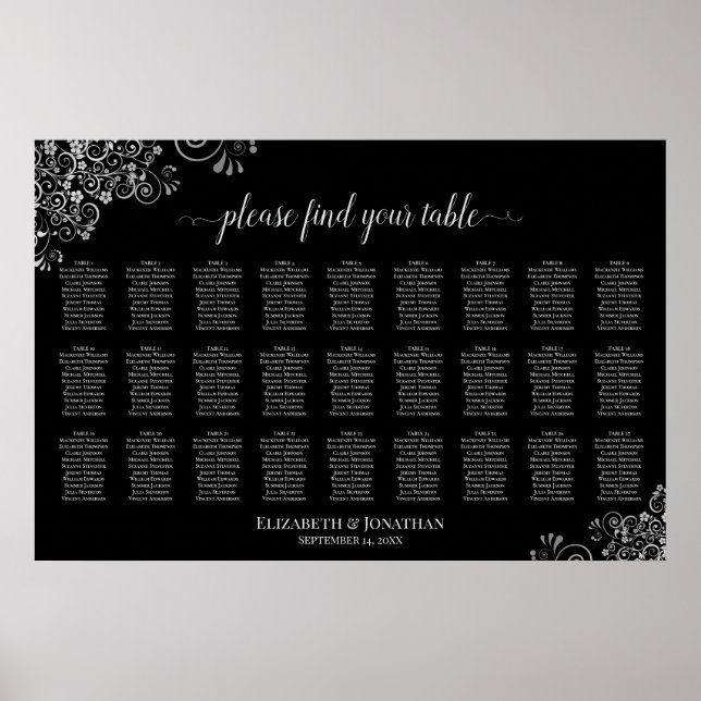 27 Table Posh Silver & Black Wedding Seating Chart (Front)